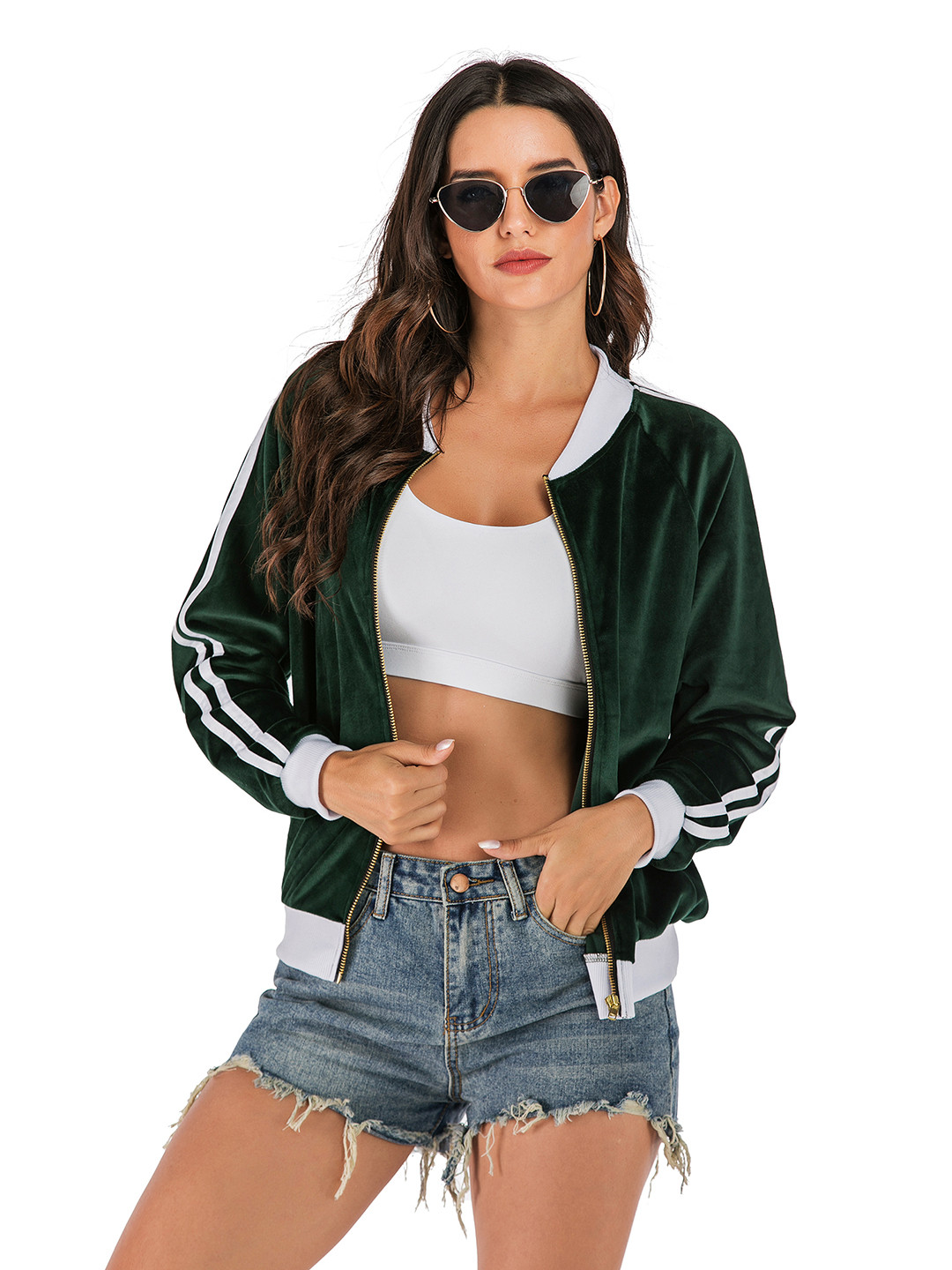 Buy URBANIC Women Olive Green Solid Velvet Bomber Jacket Jackets for