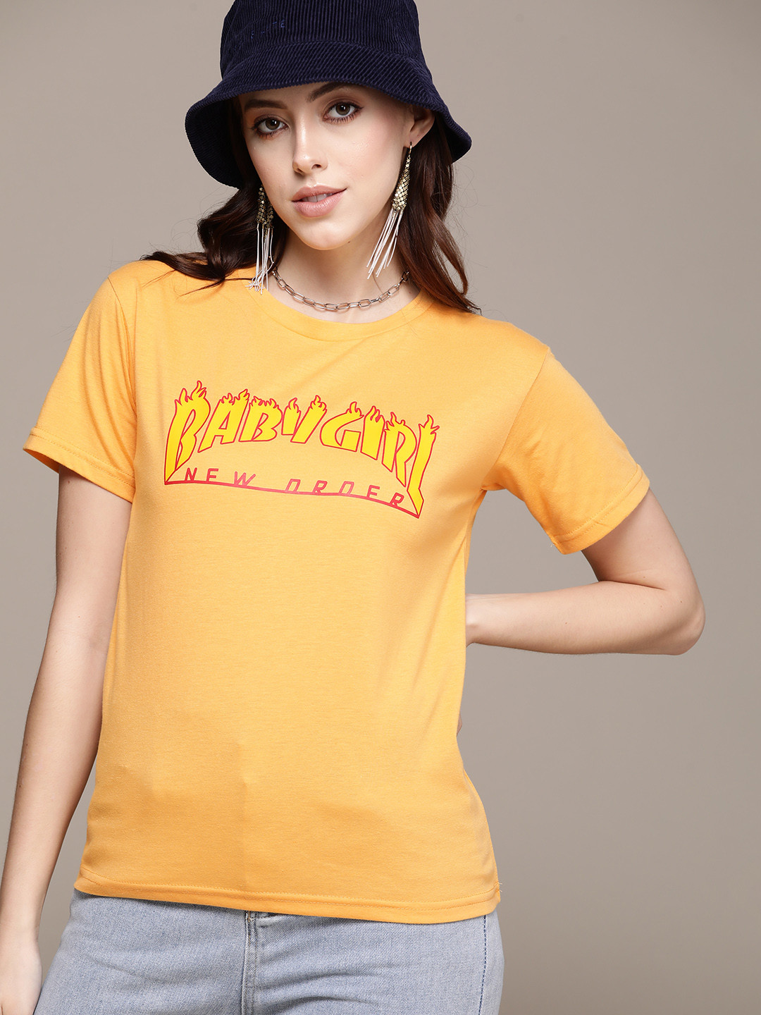 Buy URBANIC Women Mustard Yellow Typography Printed T Shirt Tshirts