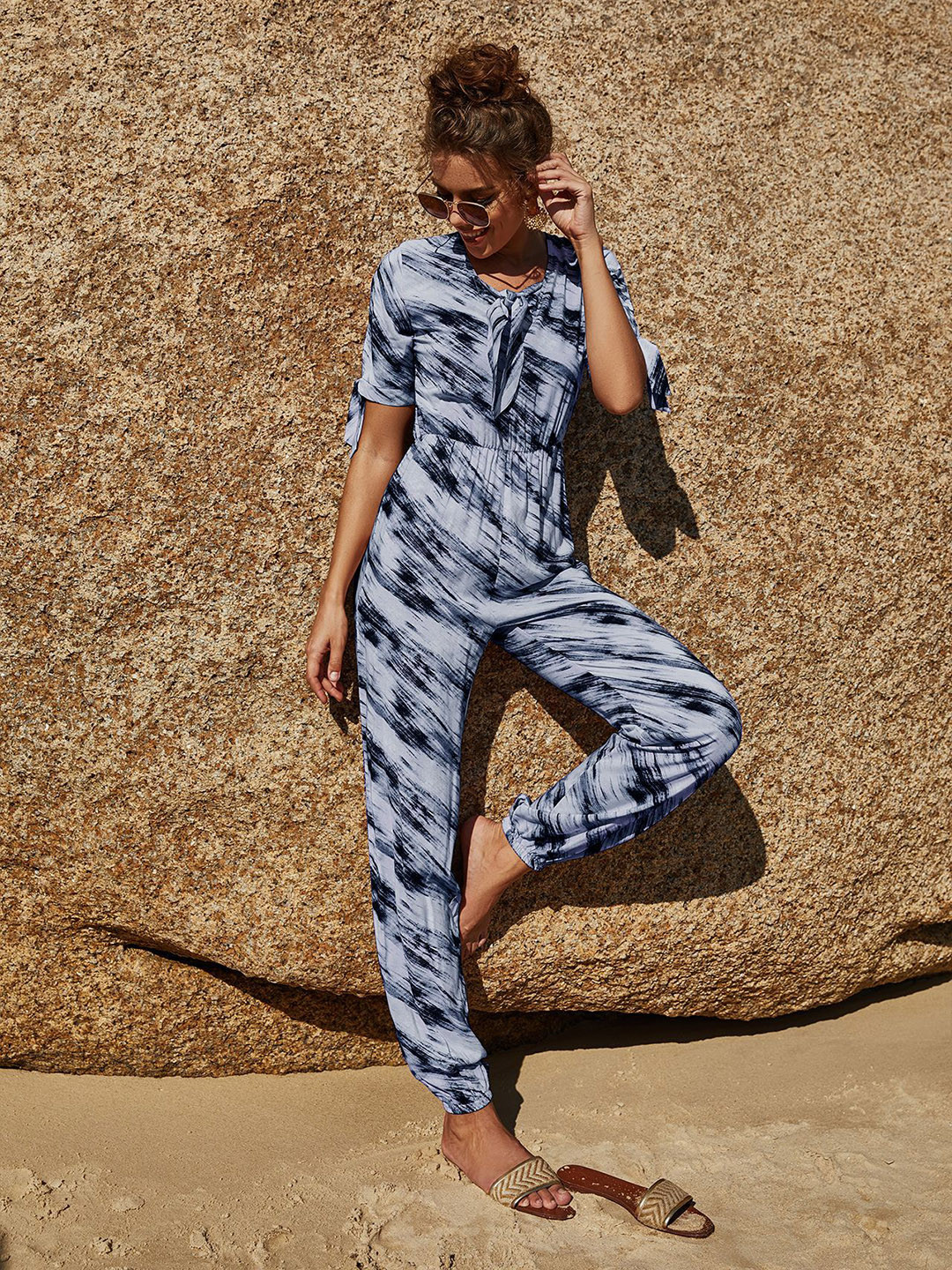 Buy URBANIC Navy Blue Printed Basic Jumpsuit Jumpsuit for Women