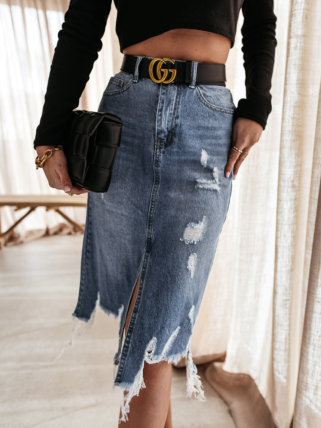 Buy URBANIC Women Blue Washed Distressed Cotton Denim Front Slit