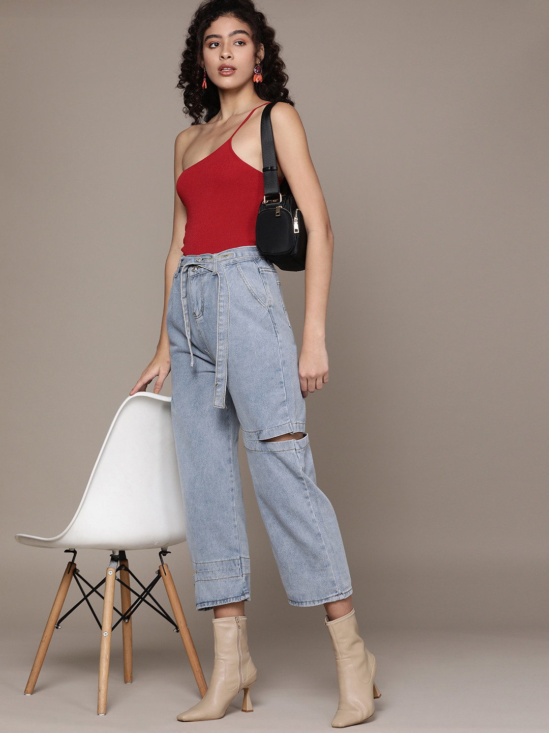 Buy URBANIC Women Blue Cotton Ripped Relaxed Fit High Rise Jeans