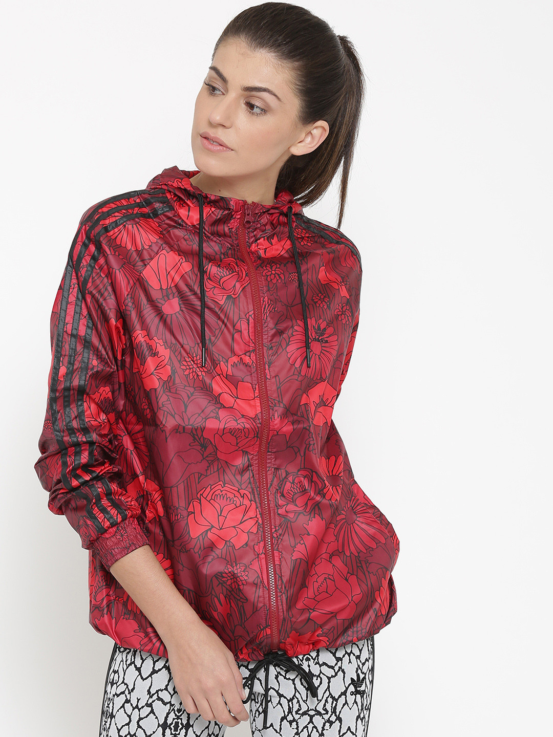 Buy ADIDAS Original Red Floral Print Windcheater Hooded Jacket