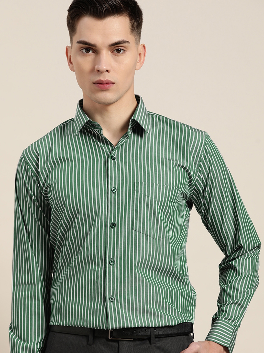 Buy Hancock Men Green Slim Fit Opaque Striped Formal Shirt - Shirts for ...