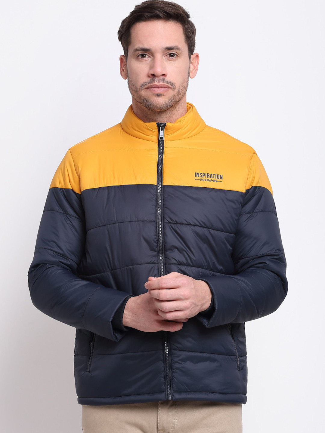 Buy Cantabil Men Mustard Colourblocked Lightweight Puffer Jacket