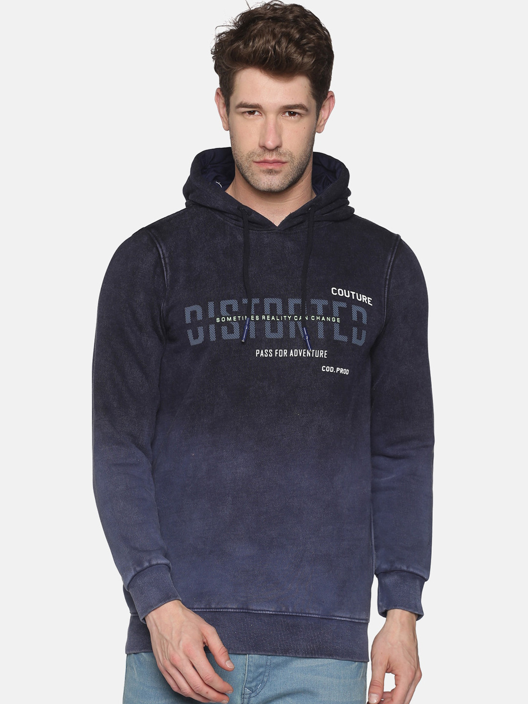 Buy SHOWOFF Men Navy Blue Printed Hooded Sweatshirt - Sweatshirts for ...