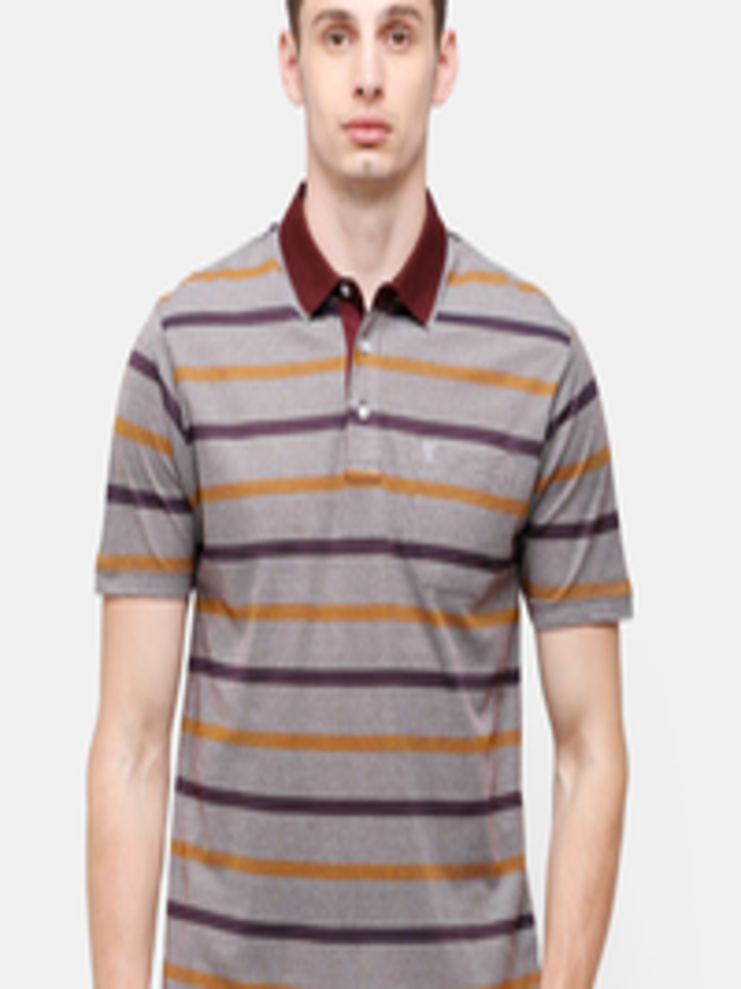 Buy Classic Polo Men Brown Striped Polo Collar Pockets T Shirt ...