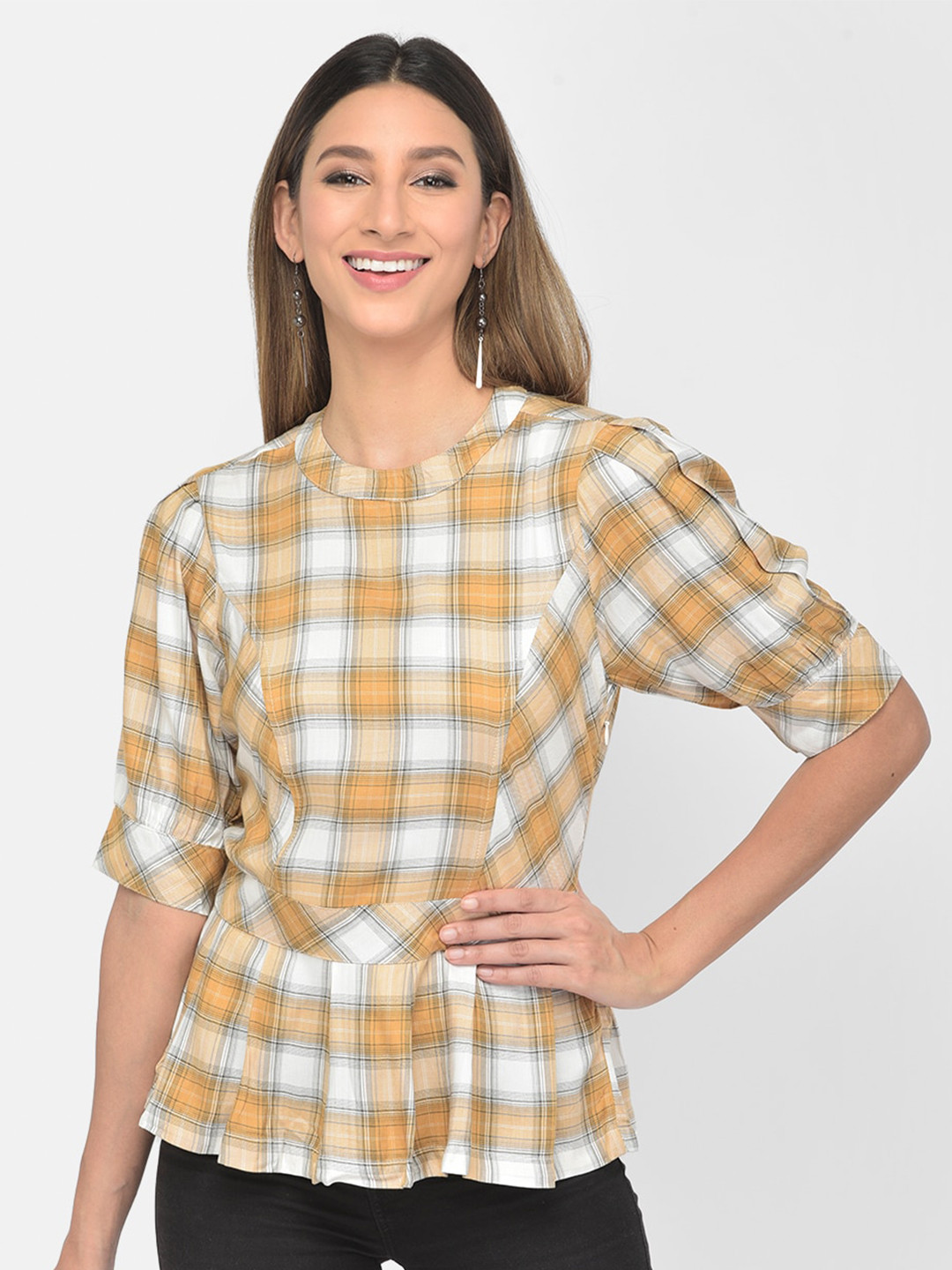 Buy Latin Quarters Mustard Yellow Checked Peplum Top Tops for Women