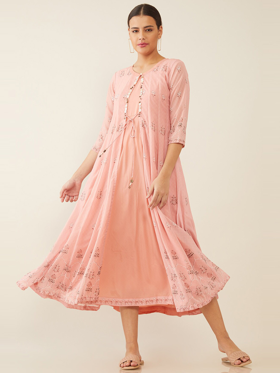 Women Pink Ethnic Motifs Midi Dress