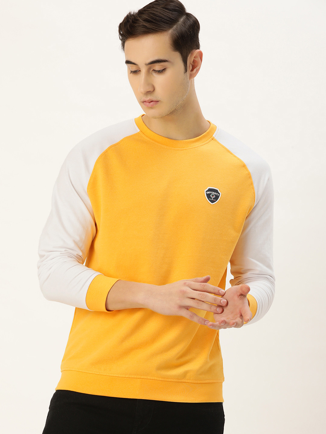 Buy Peter England Casuals Men Yellow & White Raglan Sleeves Sweatshirt