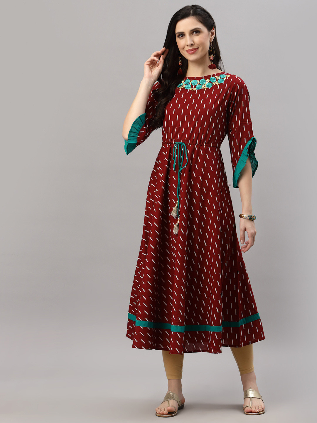 Women Deep Maroon Silk Ruffled Ethnic Dress