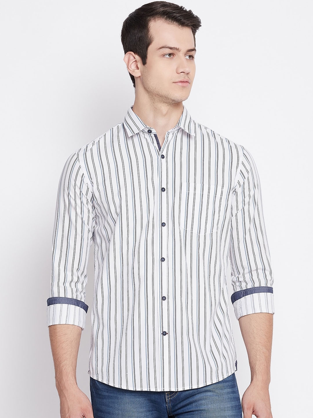 Buy Octave Men White Opaque Striped Pure Cotton Casual Shirt - Shirts ...