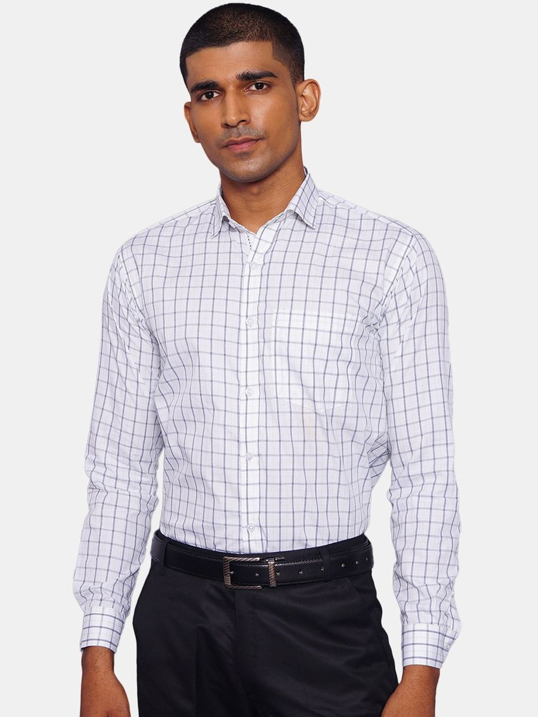 Buy Wintage Men White & Grey Opaque Checked Pure Cotton Formal Shirt