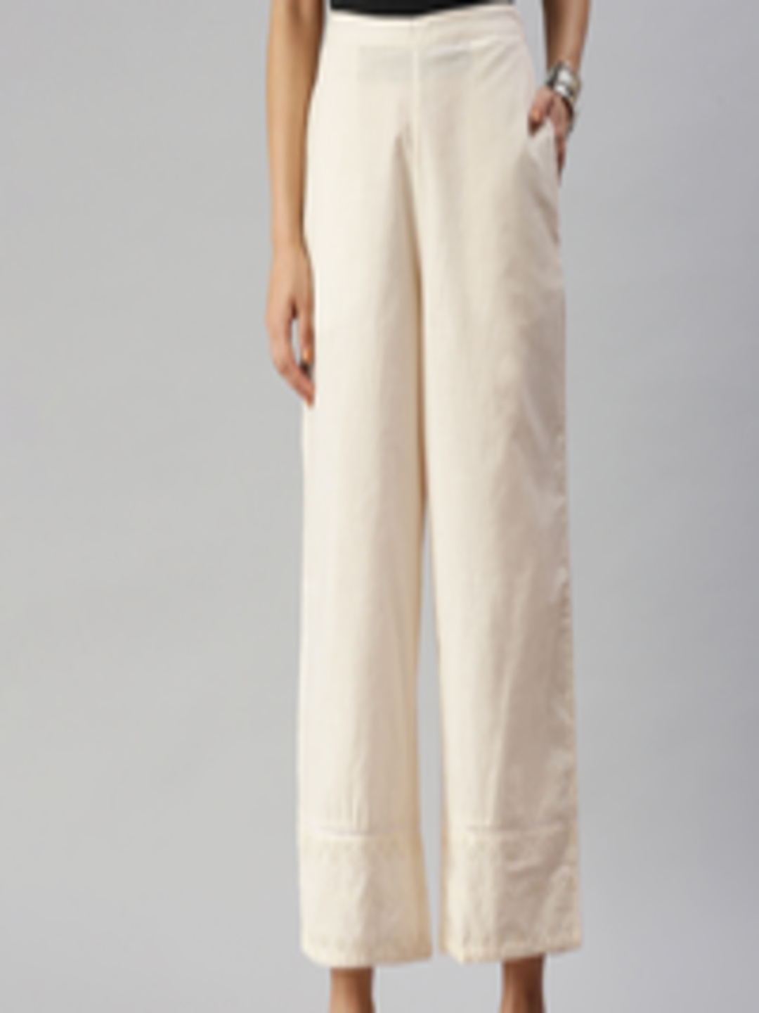 Buy Global Desi Women White Solid Straight Fit Trousers - Trousers for ...