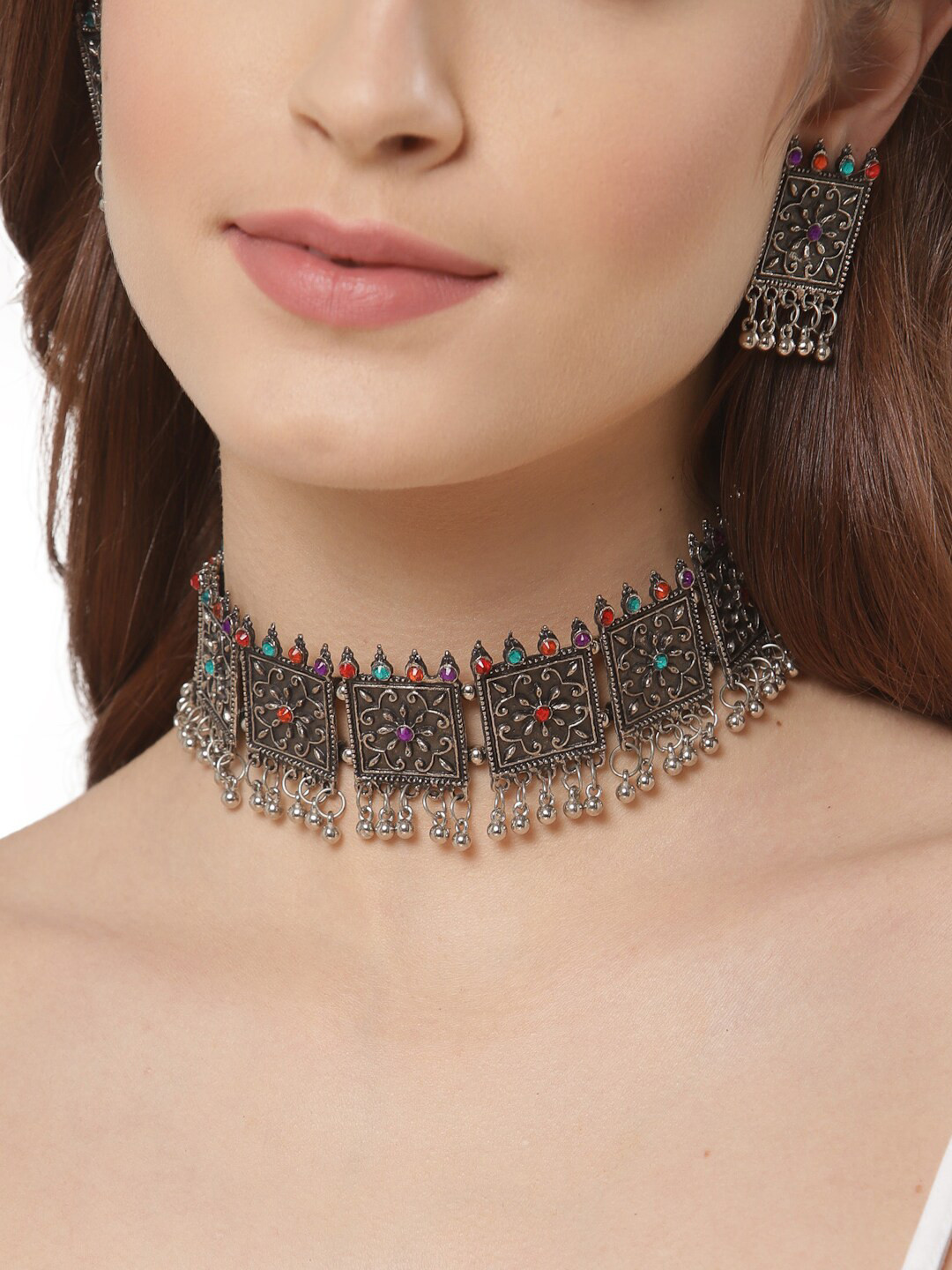 Gold-Plated Green & Red Stone Studded Goddess Jewellery Set