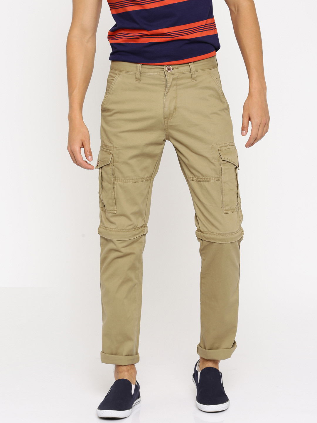 Buy RIG Men Khaki Solid Regular Fit Detachable Cargo Trousers