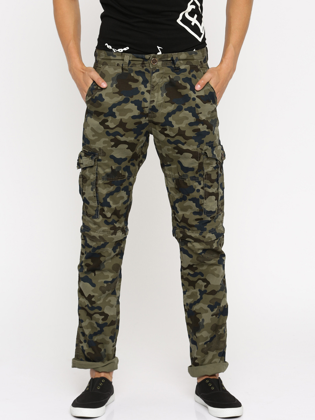 Buy RIG Men Olive Green Camouflage Print Regular Fit Detachable Cargo