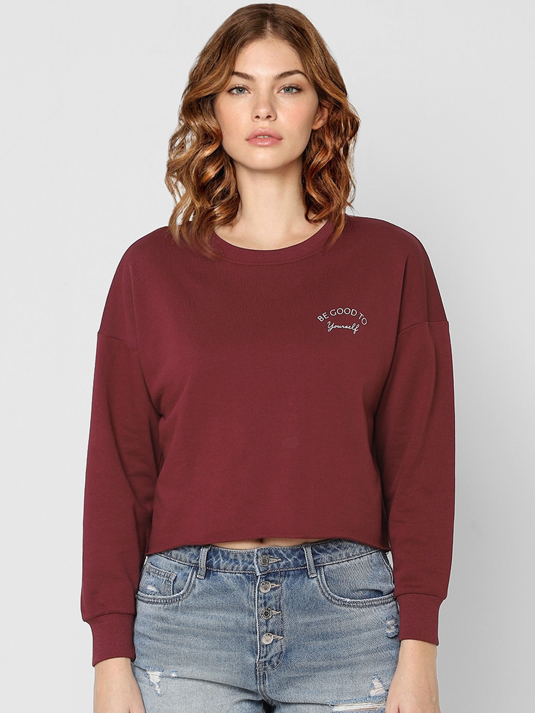Buy ONLY Women Maroon Pure Cotton Printed Crop Sweatshirt - Sweatshirts ...
