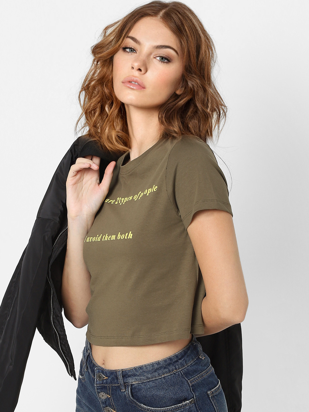 Buy ONLY Women Olive Green Pure Cotton Typography Printed T Shirt