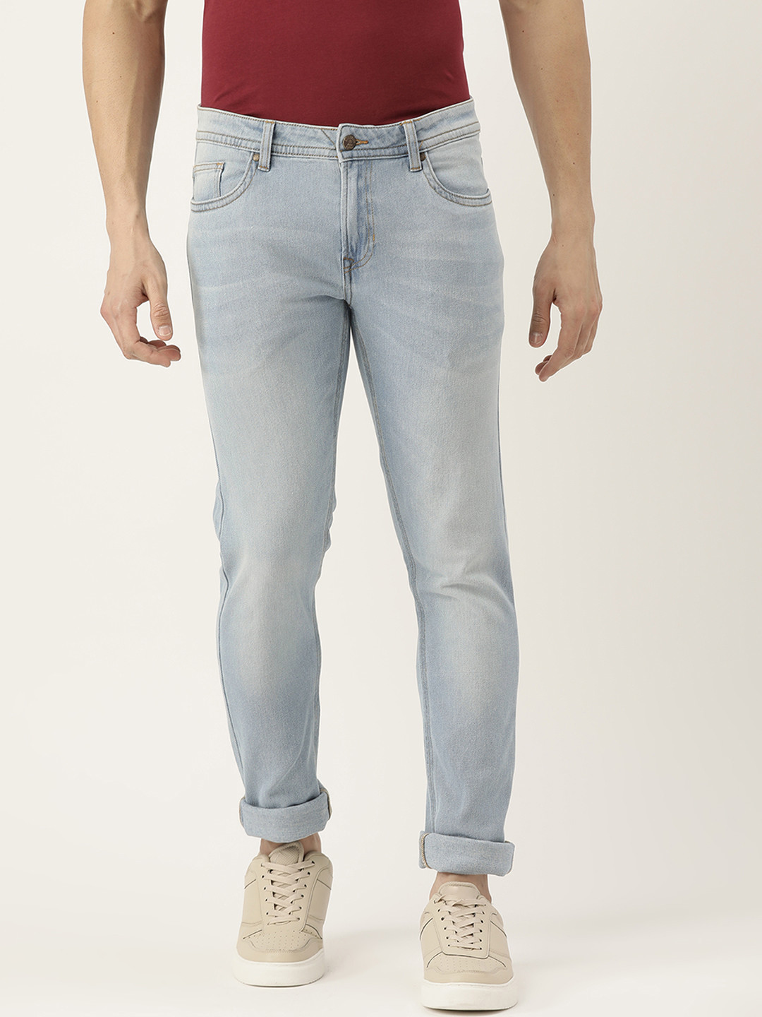 Buy PETER ENGLAND UNIVERSITY Men Blue Slim Tapered Fit Light Fade