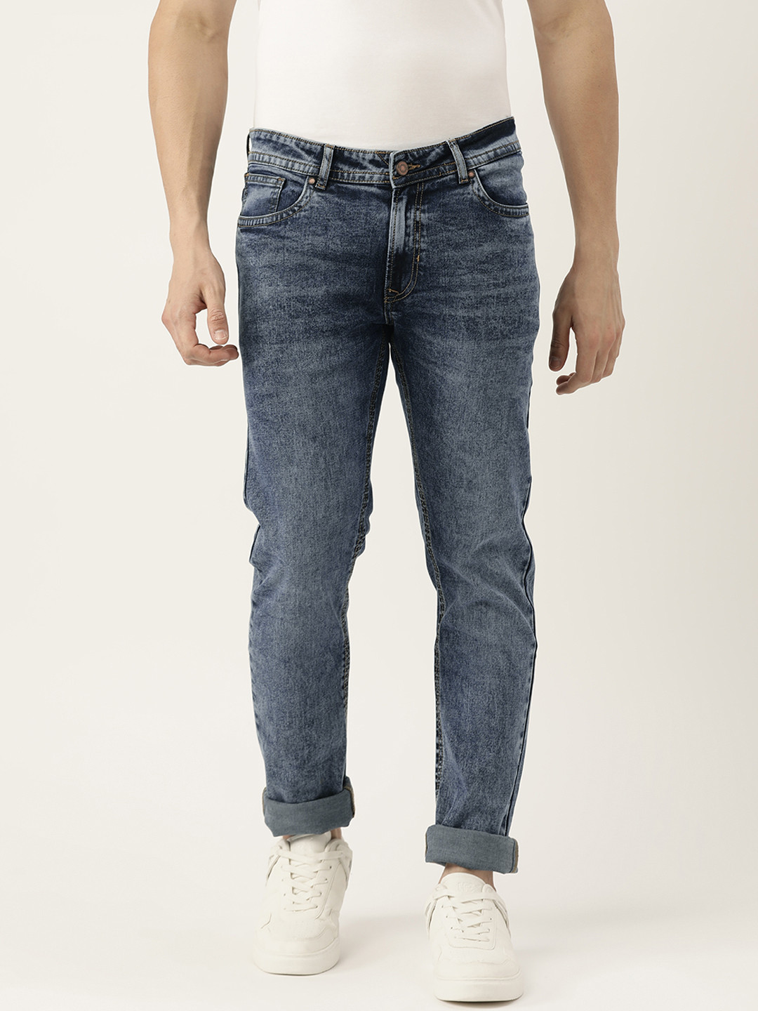 Buy PETER ENGLAND UNIVERSITY Men Navy Blue Slim Tapered Fit Light Fade