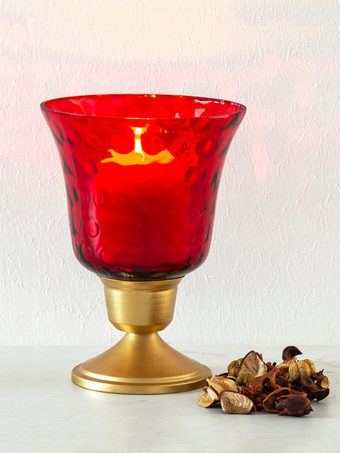 Buy Home Centre Red & Gold Toned Textured Hurricane Glass Candle Holder