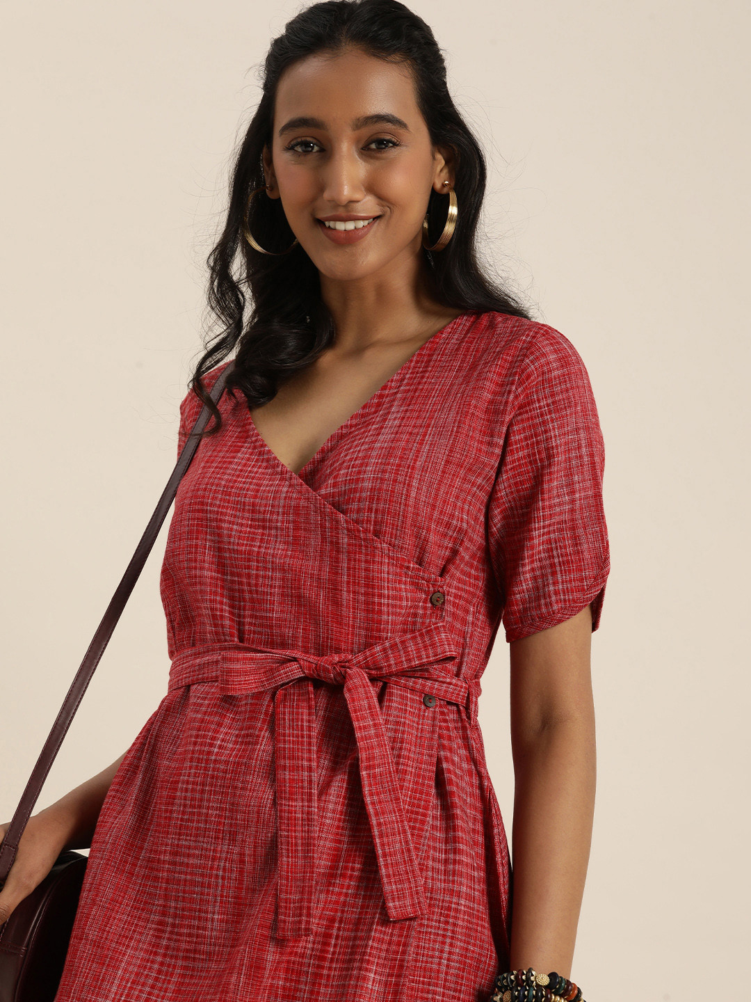 Buy Taavi Red & White Woven Legacy Checked Ethnic Wrap Midi Dress With