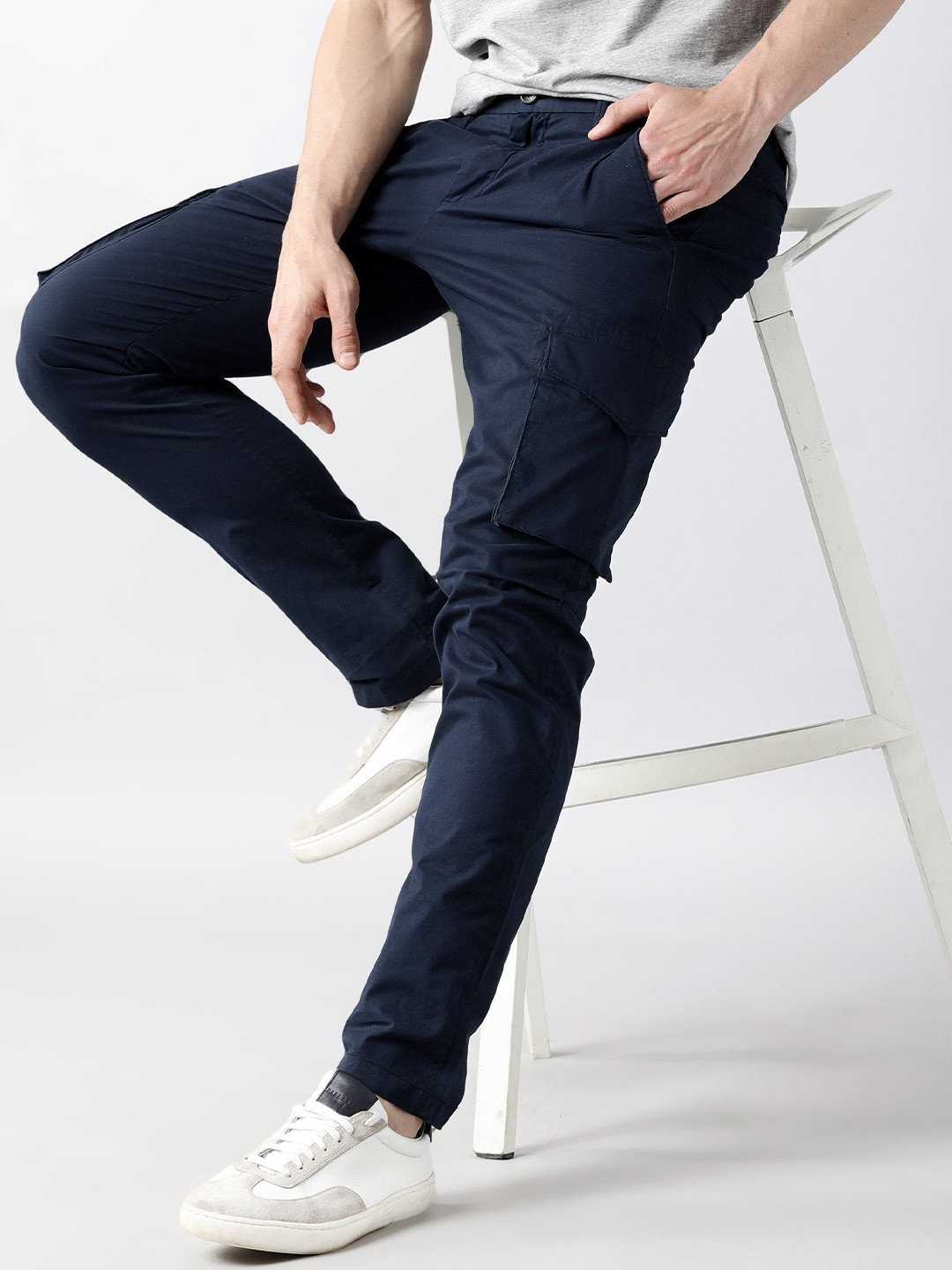 Buy RARE RABBIT Men Navy Blue Slim Fit Cargos Trousers - Trousers for ...