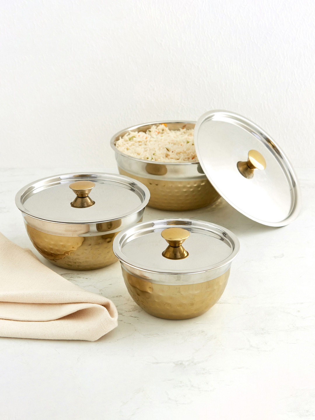 Buy Home Centre Set Of 3 Gold Toned Textured Stainless Steel Serving