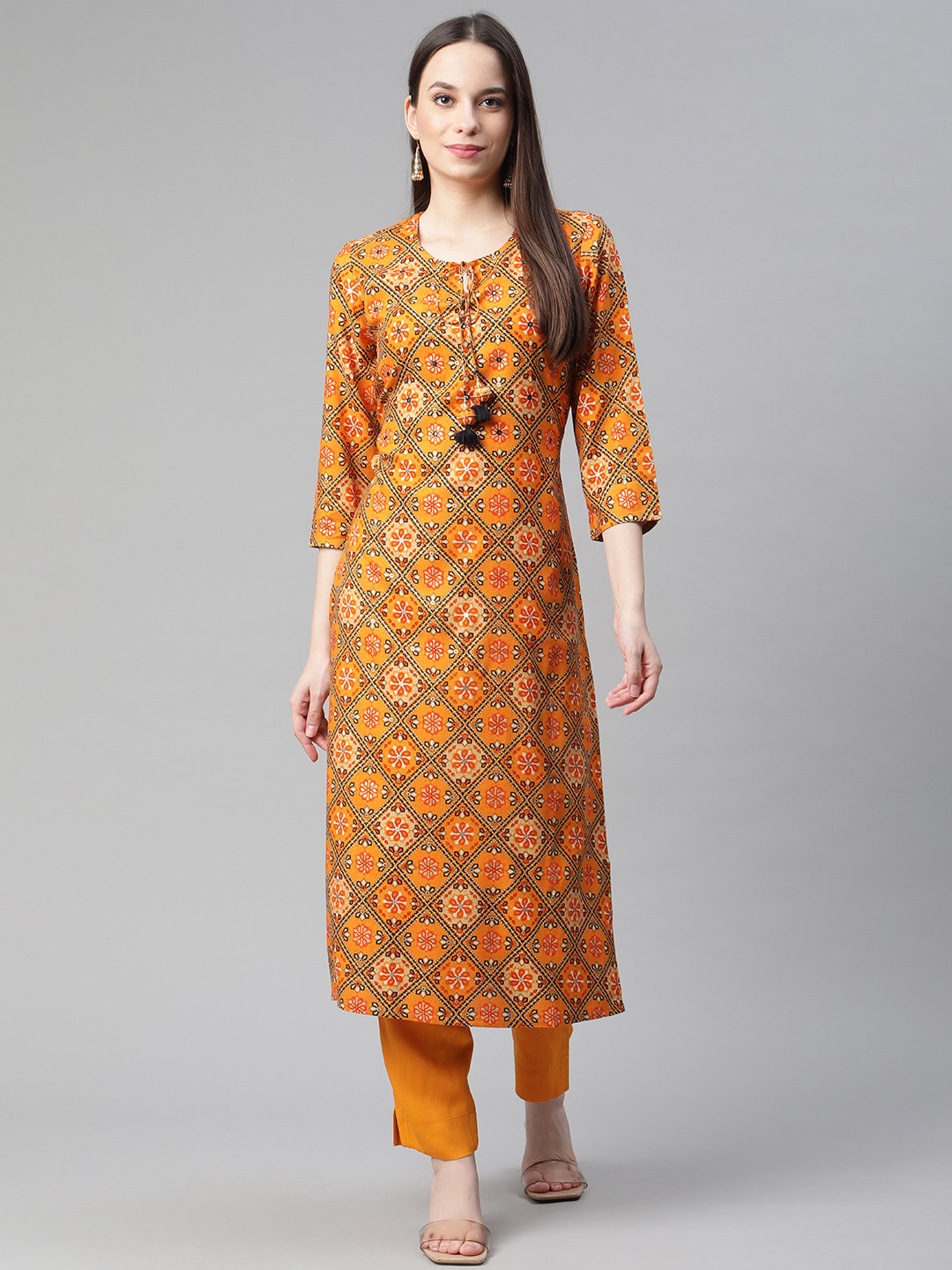 Buy PIROH Women Mustard Yellow Floral Printed Keyhole Neck Floral Kurta
