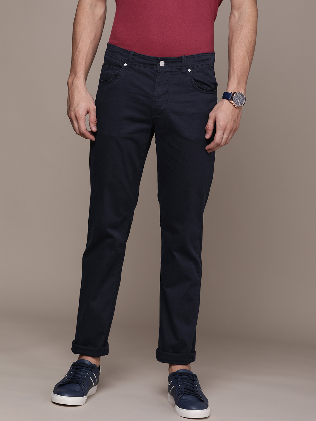 Buy Calvin Klein Jeans Men Navy Blue Wrinkle Free Trousers - Trousers ...
