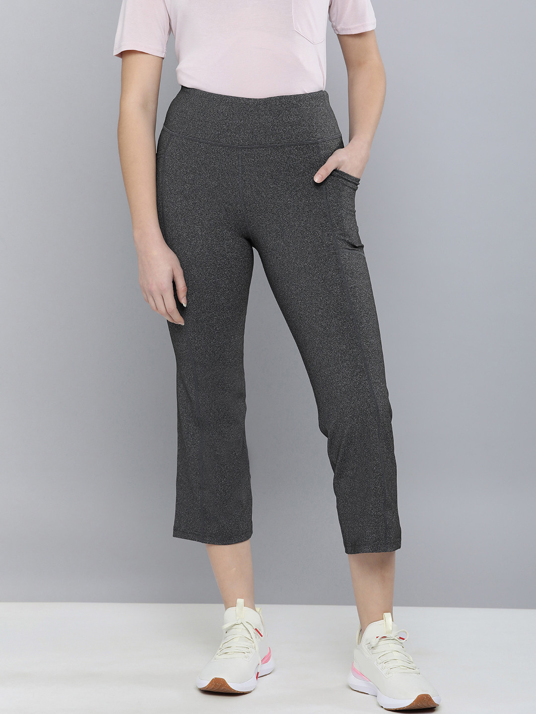 Buy Skechers Grey Solid Straight Fit High Rise Cropped Track Pants