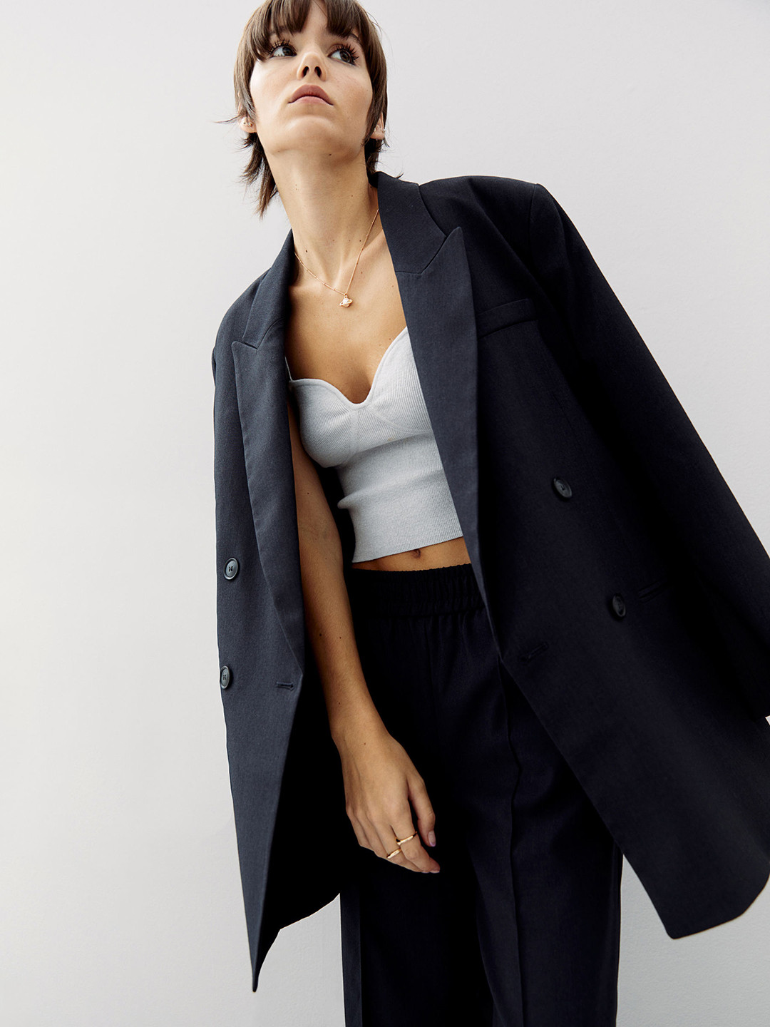 Buy H&M Women Grey Solid Oversized Jacket Blazers for Women 15894184