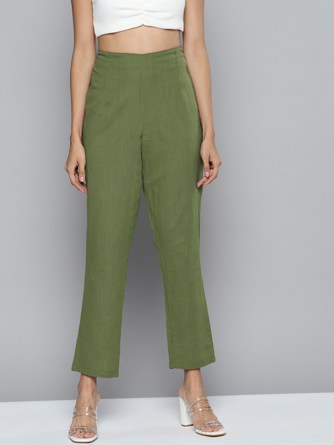 Buy HERE&NOW Women Olive Green Pleated Pure Cotton Trousers - Trousers ...