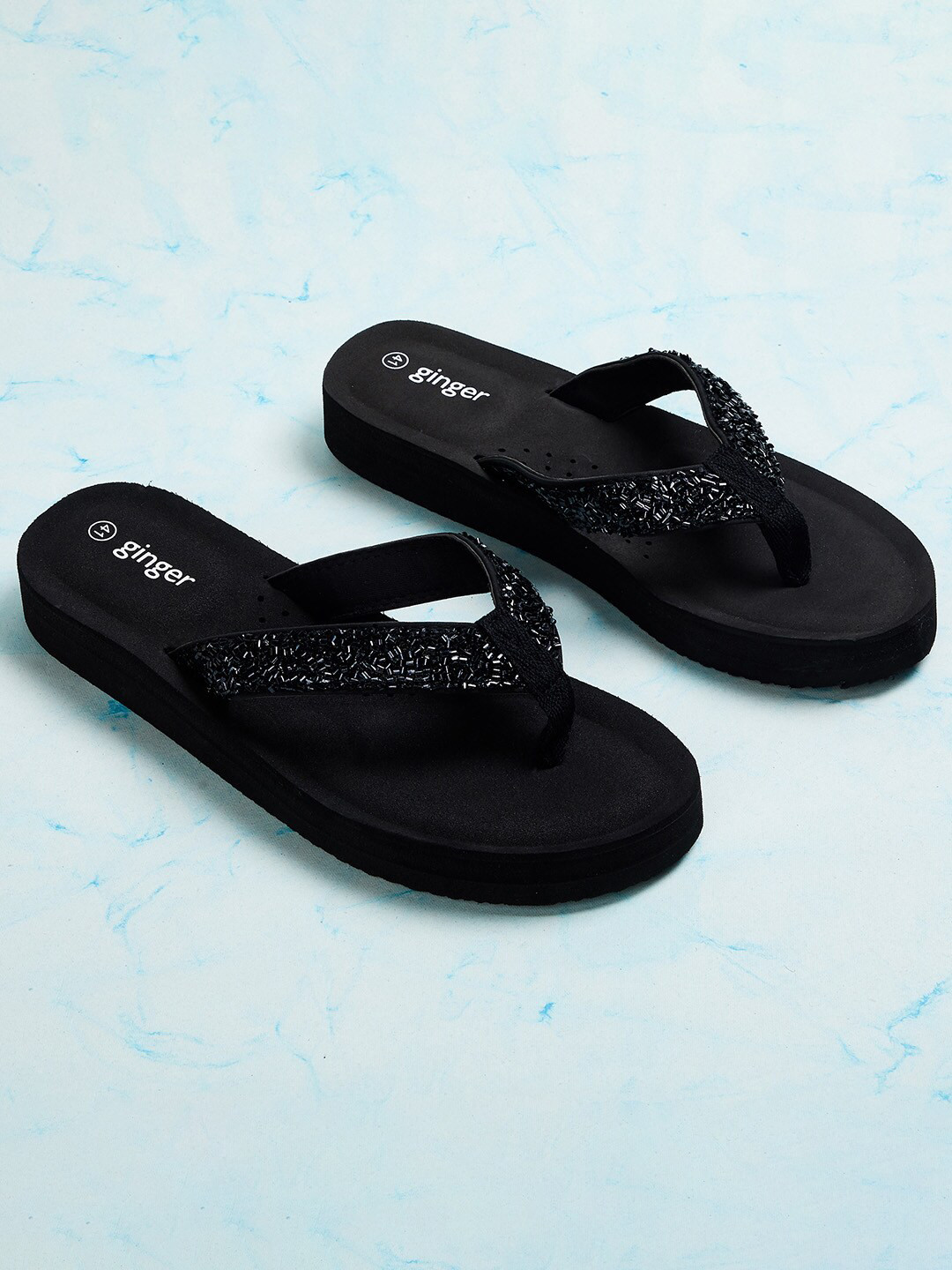 Buy Ginger By Lifestyle Women Black Embellished Slip On Flip Flops