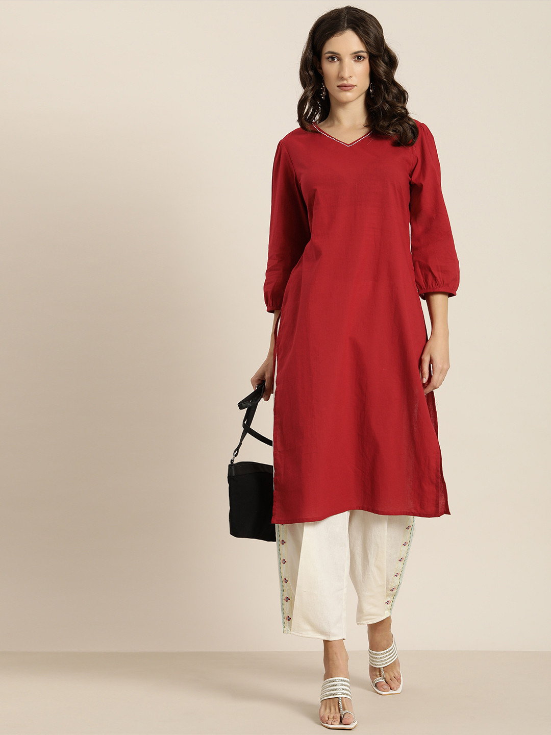 Buy Moda Rapido Women Red Solid Pure Cotton Kurta With Puff Sleeves Kurtas for Women 15898816