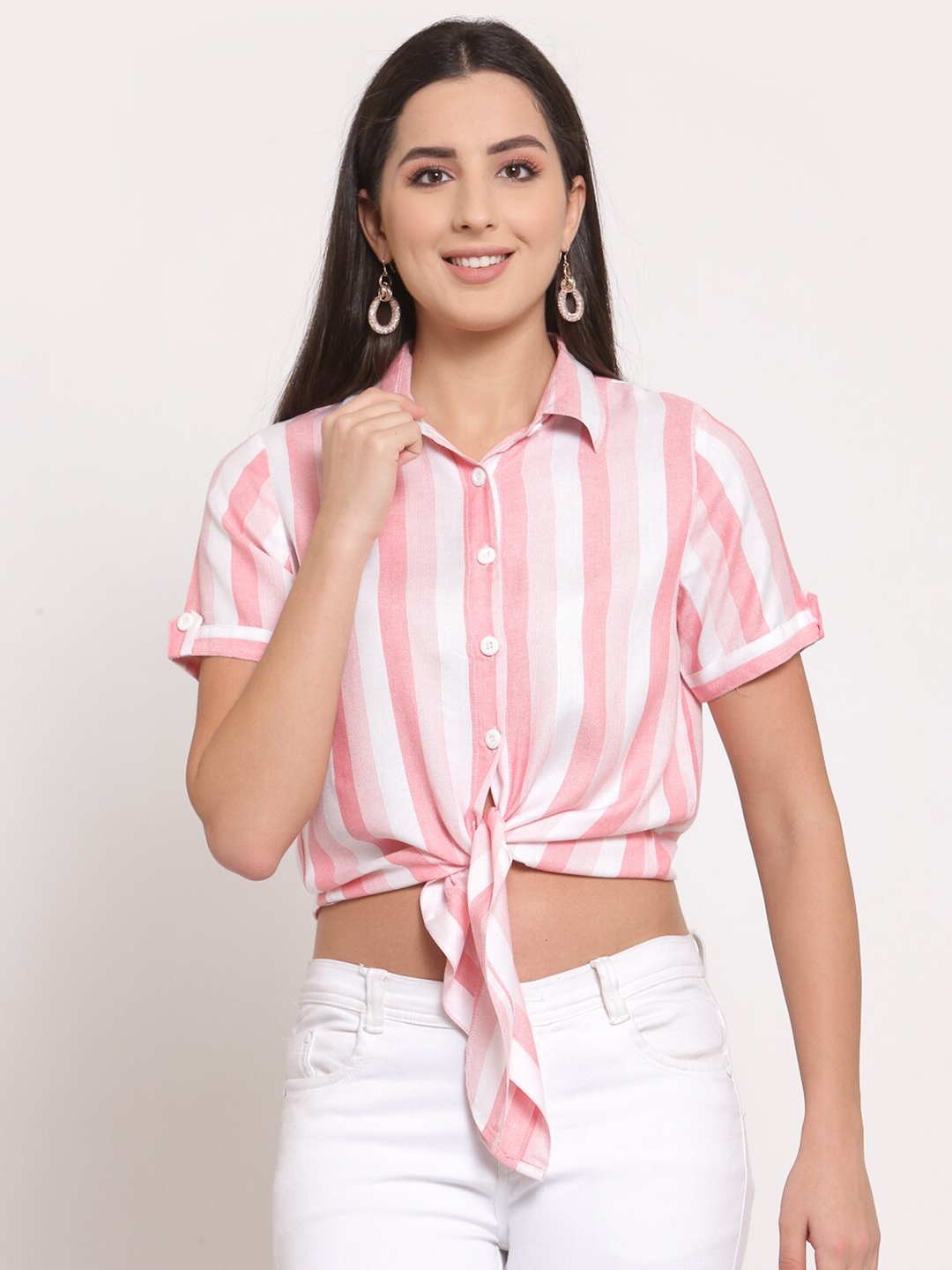 Buy LUCERO Pink & White Striped Shirt Style Crop Top - Tops for Women ...