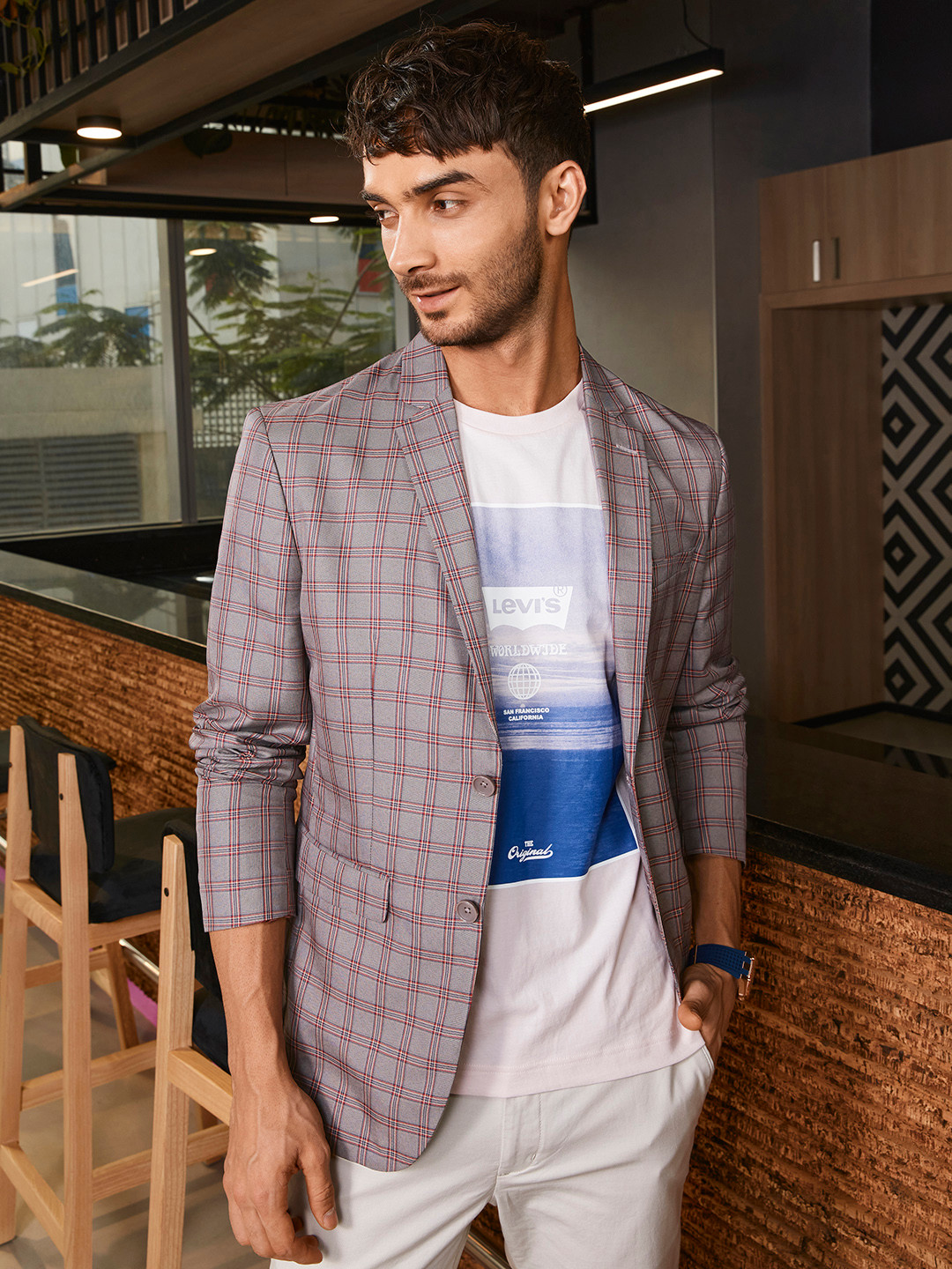 Buy Peter England Elite Men Grey & Red Slim Fit Checked Single Breasted