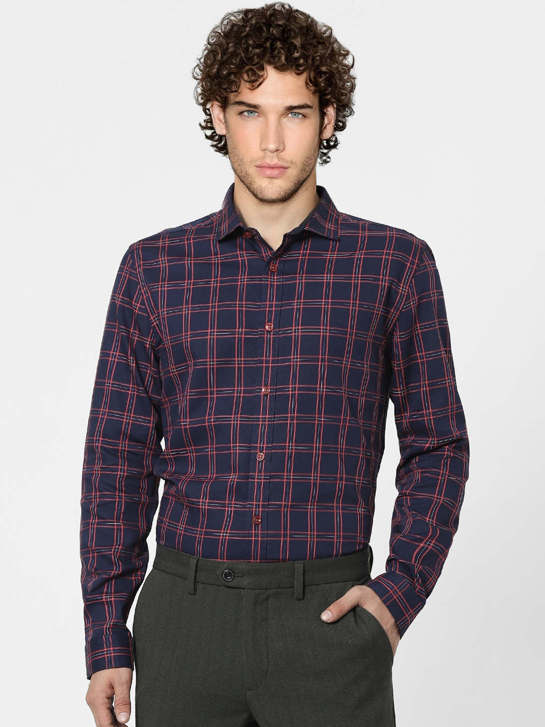Men's Navy Blue Classic Tartan Checks Checked Cotton Casual Shirt