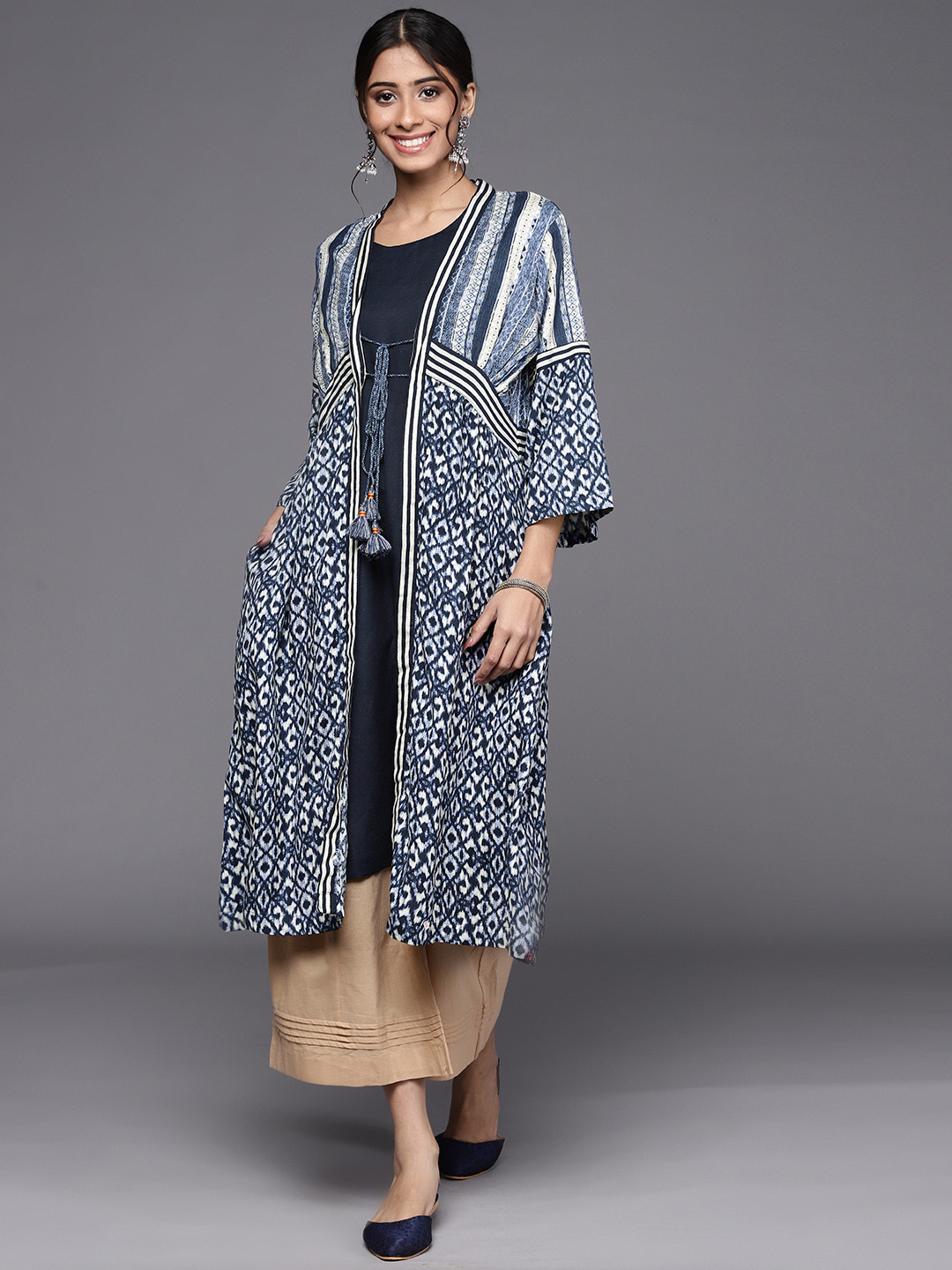 Buy Biba Women Navy Blue & White Longline Ethnic Open Front Jacket