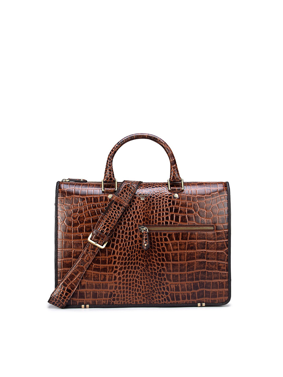 Buy Da Milano Brown Textured Leather Laptop Bag With Detachable Sling