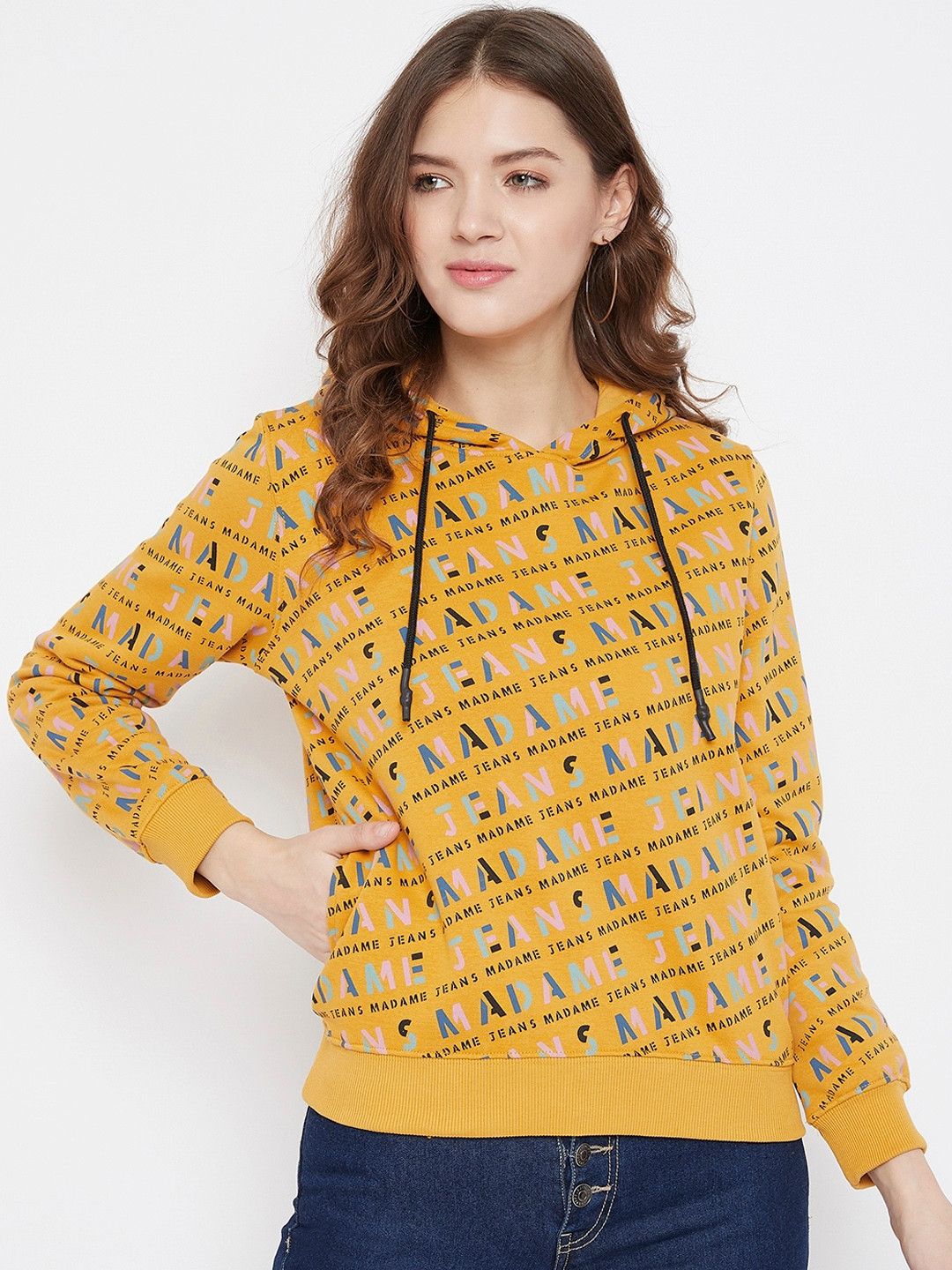 Buy Madame Women Mustard Printed Hooded Sweatshirt Sweatshirts for