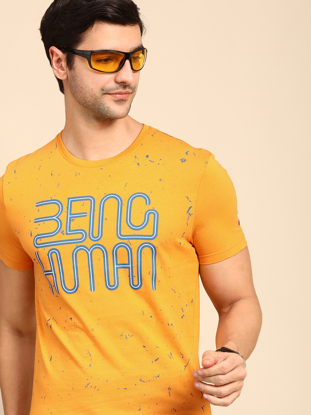 Buy Being Human Men Mustard Yellow Typography Printed Pure Cotton T ...