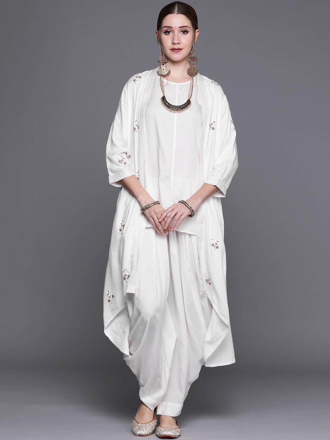 Buy Biba Women White Liva Solid Kurti With Dhoti Pants & Ethnic Jacket