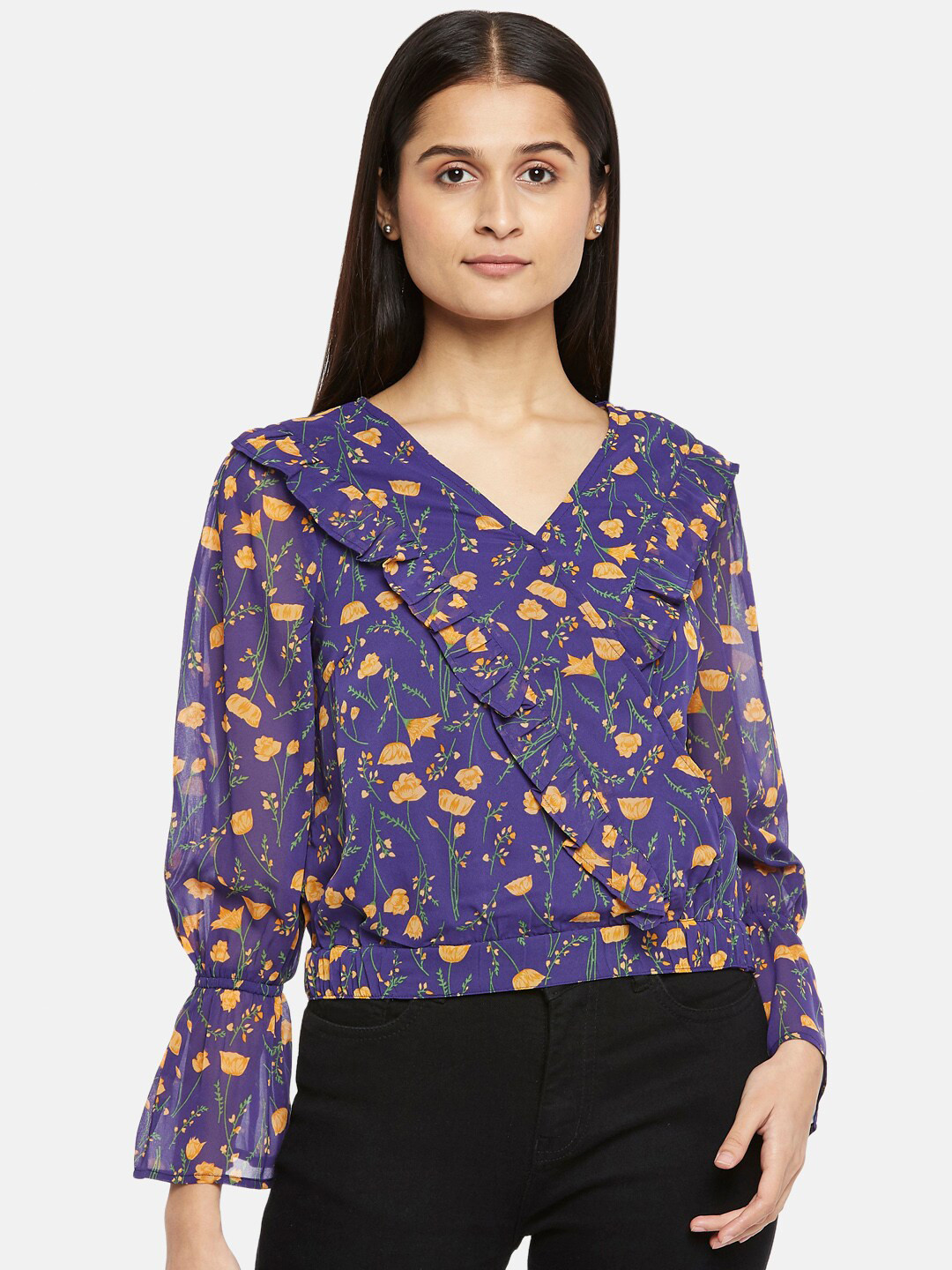 Buy People Navy Blue & Yellow Floral Regular Top Tops for Women