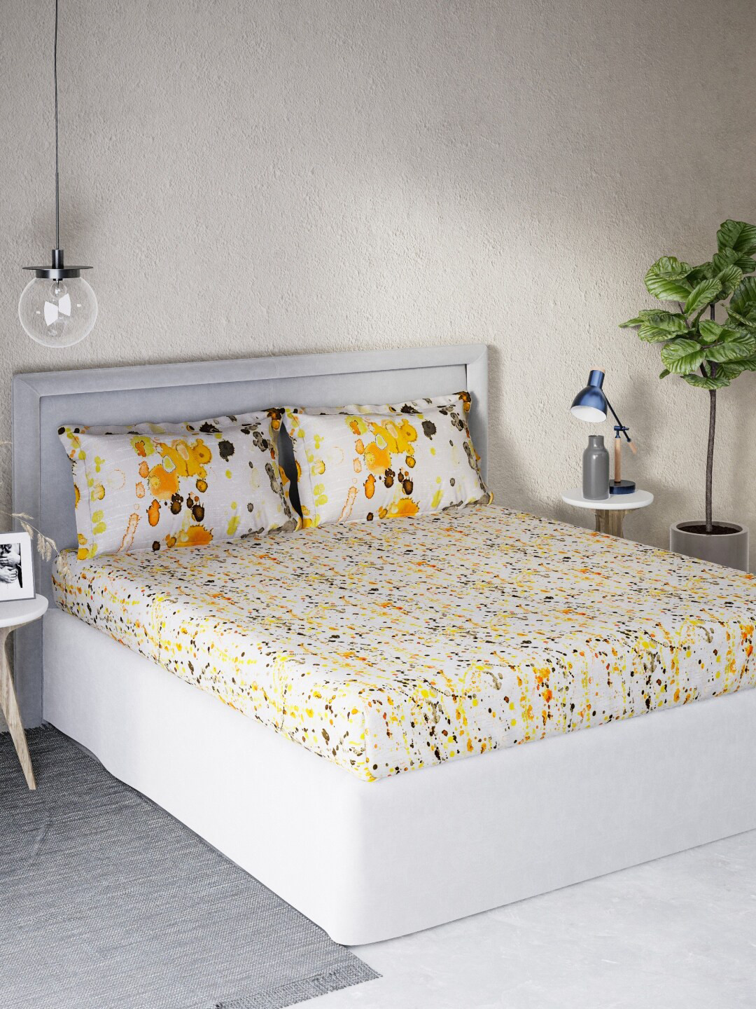 Buy DDecor Yellow & Off White Printed Cotton Sigma 140 TC Queen