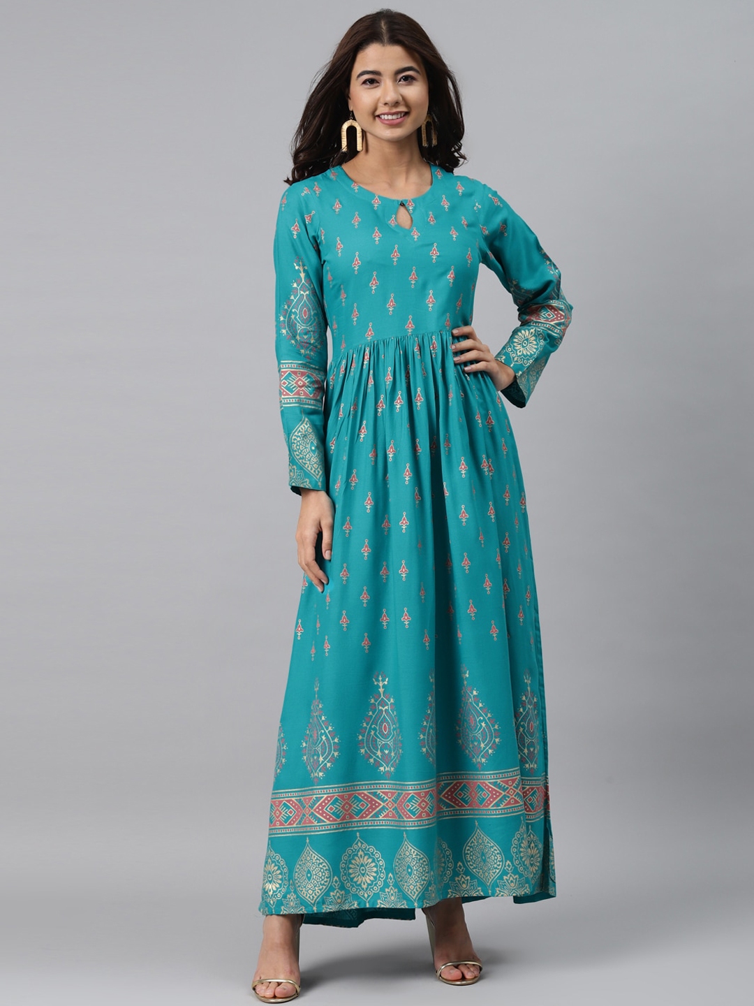 Buy Gerua Women Blue And Pink Ethnic Motifs Keyhole Neck Maxi Dress Ethnic Dresses For Women 7074