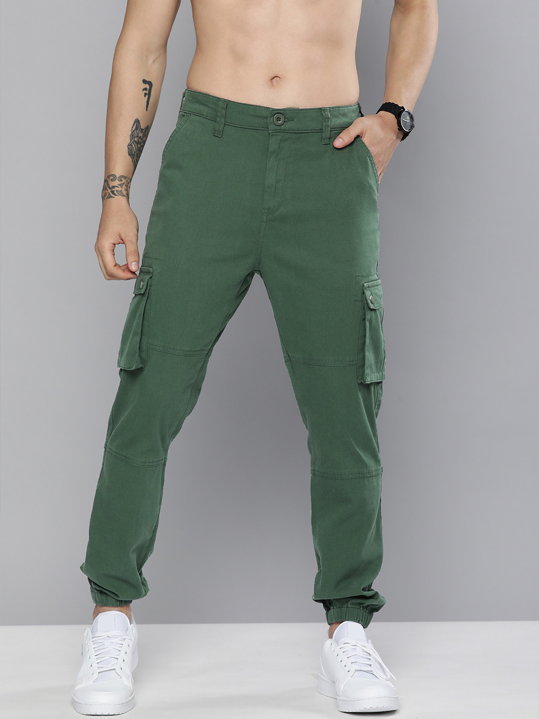 Buy HERE&NOW Men Olive Green Solid Slim Fit Cargos Trousers Trousers