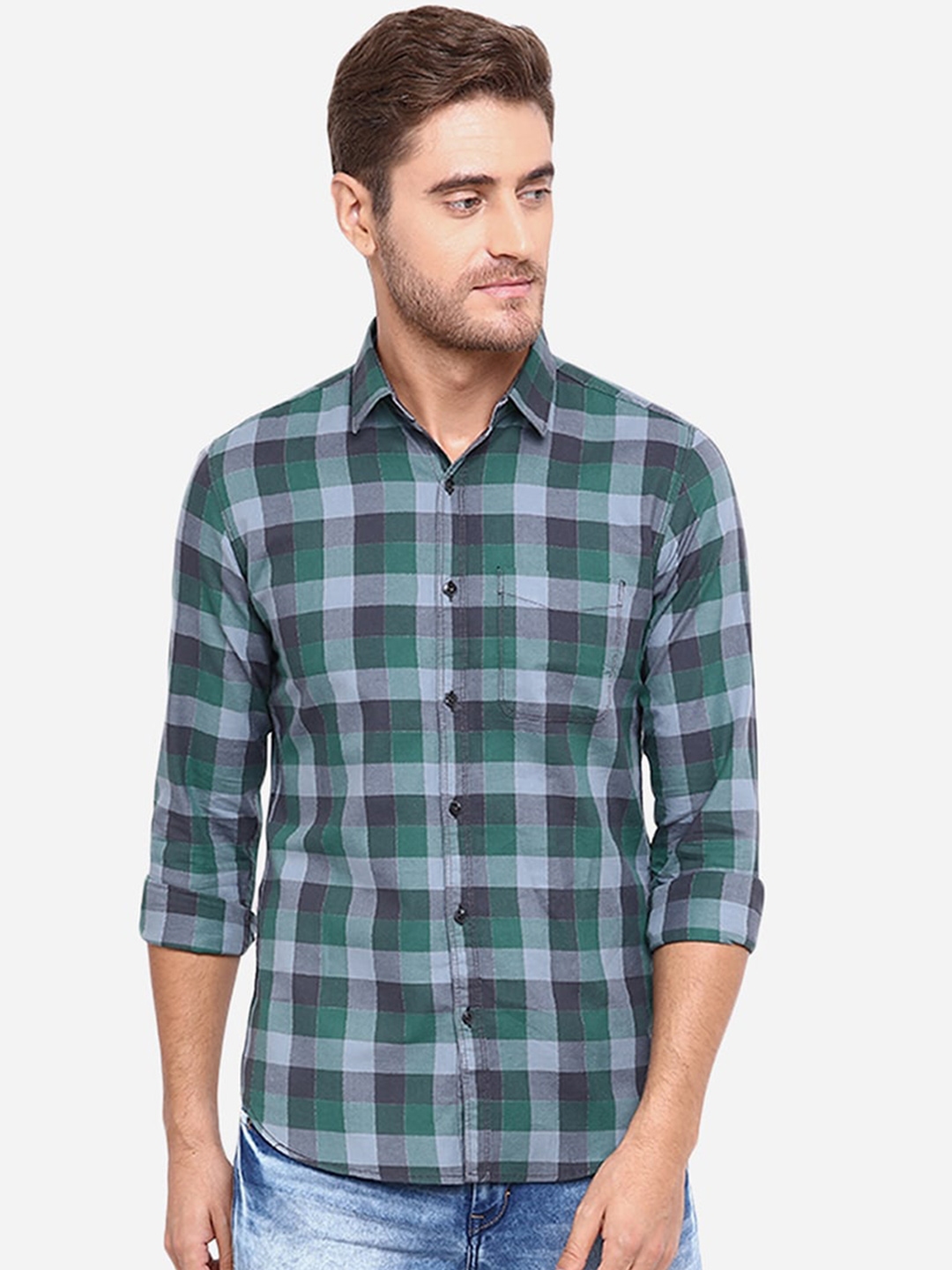 Buy JADE BLUE Men Green Slim Fit Opaque Checked Casual Cotton Shirt ...
