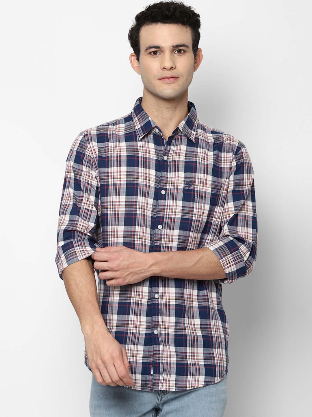 Men's Navy Blue Standard Slim Fit Tartan Checks Opaque Checked Cotton Casual Shirt