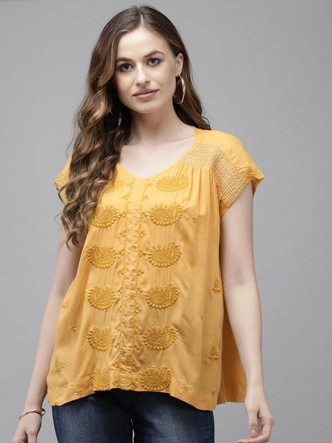 Buy Ishin Mustard Yellow Crepe Regular Top Tops for Women 15954162